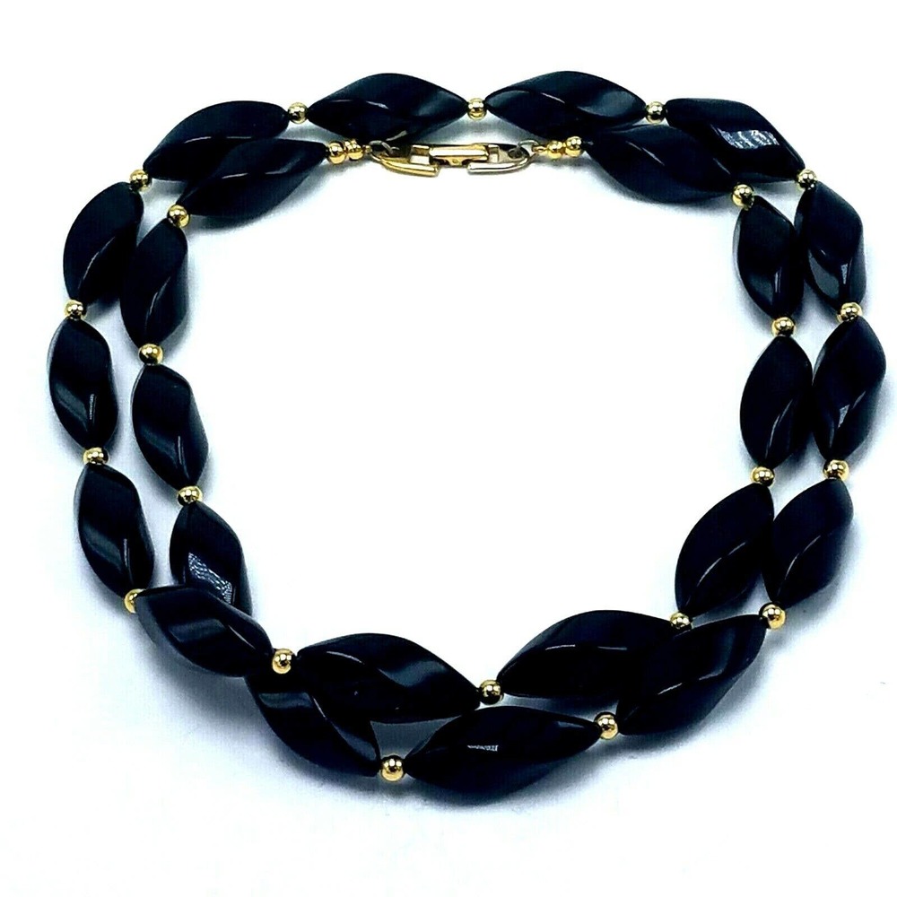 Vintage Napier Jet Black Oval Twist Beads Strand Necklace Gold Spacer 32" Estate